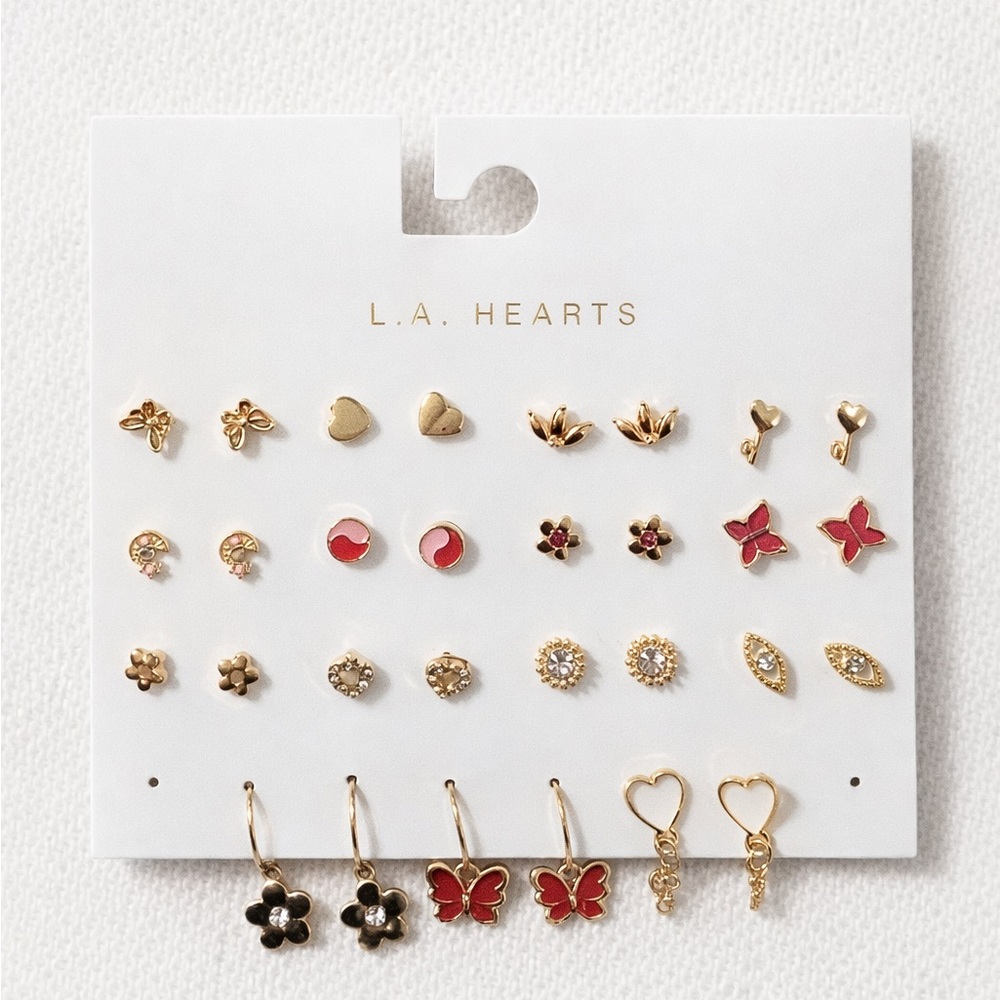 L.A. Hearts Gold & Pink Stud Earring Set 20 Pairs Hearts Butterflies Yin Yang